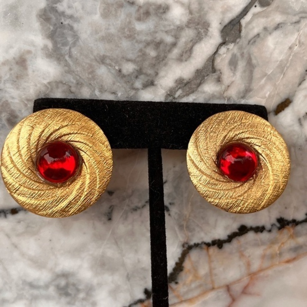 Vintage Crystal Earrings Red Brushed Gold Chunky Statement